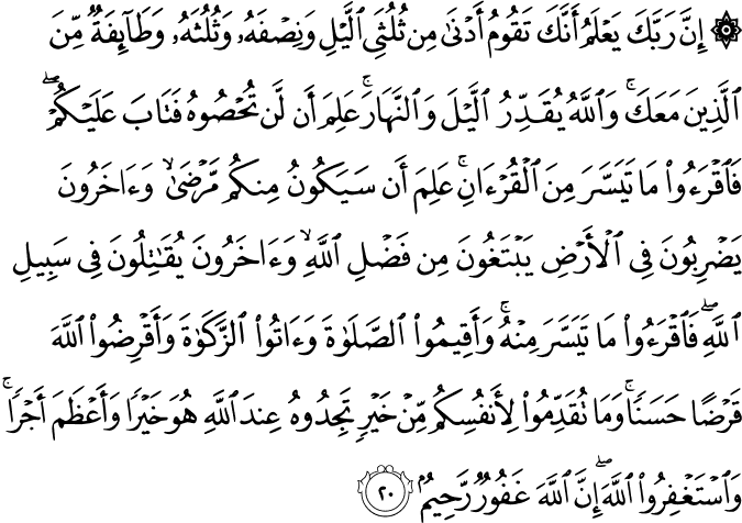 إِنَّ رَبَّكَ يَعْلَمُ أَنَّكَ تَقُومُ أَدْنَىٰ مِن ثُلُثَيِ اللَّيْلِ وَنِصْفَهُ وَثُلُثَهُ وَطَائِفَةٌ مِّنَ الَّذِينَ مَعَكَ ۚ وَاللَّهُ يُقَدِّرُ اللَّيْلَ وَالنَّهَارَ ۚ عَلِمَ أَن لَّن تُحْصُوهُ فَتَابَ عَلَيْكُمْ ۖ فَاقْرَءُوا مَا تَيَسَّرَ مِنَ الْقُرْآنِ ۚ عَلِمَ أَن سَيَكُونُ مِنكُم مَّرْضَىٰ ۙ وَآخَرُونَ يَضْرِبُونَ فِي الْأَرْضِ يَبْتَغُونَ مِن فَضْلِ اللَّهِ ۙ وَآخَرُونَ يُقَاتِلُونَ فِي سَبِيلِ اللَّهِ ۖ فَاقْرَءُوا مَا تَيَسَّرَ مِنْهُ ۚ وَأَقِيمُوا الصَّلَاةَ وَآتُوا الزَّكَاةَ وَأَقْرِضُوا اللَّهَ قَرْضًا حَسَنًا ۚ وَمَا تُقَدِّمُوا لِأَنفُسِكُم مِّنْ خَيْرٍ تَجِدُوهُ عِندَ اللَّهِ هُوَ خَيْرًا وَأَعْظَمَ أَجْرًا ۚ وَاسْتَغْفِرُوا اللَّهَ ۖ إِنَّ اللَّهَ غَفُورٌ رَّحِيمٌ