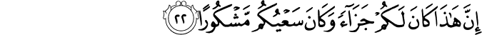 إِنَّ هَـٰذَا كَانَ لَكُمْ جَزَاءً وَكَانَ سَعْيُكُم مَّشْكُورًا