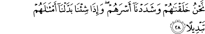 نَّحْنُ خَلَقْنَاهُمْ وَشَدَدْنَا أَسْرَهُمْ ۖ وَإِذَا شِئْنَا بَدَّلْنَا أَمْثَالَهُمْ تَبْدِيلًا