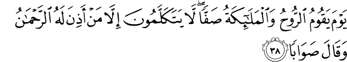 يَوْمَ يَقُومُ الرُّوحُ وَالْمَلَائِكَةُ صَفًّا ۖ لَّا يَتَكَلَّمُونَ إِلَّا مَنْ أَذِنَ لَهُ الرَّحْمَـٰنُ وَقَالَ صَوَابًا