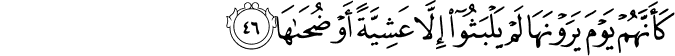 كَأَنَّهُمْ يَوْمَ يَرَوْنَهَا لَمْ يَلْبَثُوا إِلَّا عَشِيَّةً أَوْ ضُحَاهَا