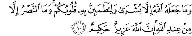 وَمَا جَعَلَهُ اللَّهُ إِلَّا بُشْرَىٰ وَلِتَطْمَئِنَّ بِهِ قُلُوبُكُمْ ۚ وَمَا النَّصْرُ إِلَّا مِنْ عِندِ اللَّهِ ۚ إِنَّ اللَّهَ عَزِيزٌ حَكِيمٌ