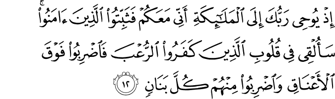إِذْ يُوحِي رَبُّكَ إِلَى الْمَلَائِكَةِ أَنِّي مَعَكُمْ فَثَبِّتُوا الَّذِينَ آمَنُوا ۚ سَأُلْقِي فِي قُلُوبِ الَّذِينَ كَفَرُوا الرُّعْبَ فَاضْرِبُوا فَوْقَ الْأَعْنَاقِ وَاضْرِبُوا مِنْهُمْ كُلَّ بَنَانٍ