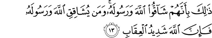 ذَٰلِكَ بِأَنَّهُمْ شَاقُّوا اللَّهَ وَرَسُولَهُ ۚ وَمَن يُشَاقِقِ اللَّهَ وَرَسُولَهُ فَإِنَّ اللَّهَ شَدِيدُ الْعِقَابِ