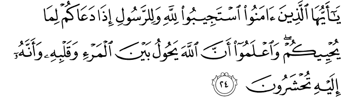 يَا أَيُّهَا الَّذِينَ آمَنُوا اسْتَجِيبُوا لِلَّهِ وَلِلرَّسُولِ إِذَا دَعَاكُمْ لِمَا يُحْيِيكُمْ ۖ وَاعْلَمُوا أَنَّ اللَّهَ يَحُولُ بَيْنَ الْمَرْءِ وَقَلْبِهِ وَأَنَّهُ إِلَيْهِ تُحْشَرُونَ