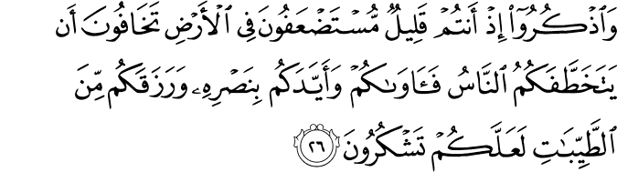 وَاذْكُرُوا إِذْ أَنتُمْ قَلِيلٌ مُّسْتَضْعَفُونَ فِي الْأَرْضِ تَخَافُونَ أَن يَتَخَطَّفَكُمُ النَّاسُ فَآوَاكُمْ وَأَيَّدَكُم بِنَصْرِهِ وَرَزَقَكُم مِّنَ الطَّيِّبَاتِ لَعَلَّكُمْ تَشْكُرُونَ