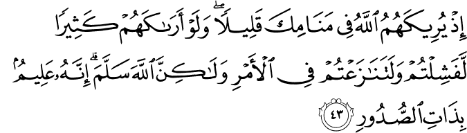 إِذْ يُرِيكَهُمُ اللَّهُ فِي مَنَامِكَ قَلِيلًا ۖ وَلَوْ أَرَاكَهُمْ كَثِيرًا لَّفَشِلْتُمْ وَلَتَنَازَعْتُمْ فِي الْأَمْرِ وَلَـٰكِنَّ اللَّهَ سَلَّمَ ۗ إِنَّهُ عَلِيمٌ بِذَاتِ الصُّدُورِ