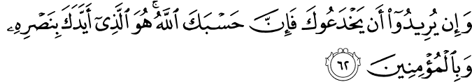 وَإِن يُرِيدُوا أَن يَخْدَعُوكَ فَإِنَّ حَسْبَكَ اللَّهُ ۚ هُوَ الَّذِي أَيَّدَكَ بِنَصْرِهِ وَبِالْمُؤْمِنِينَ