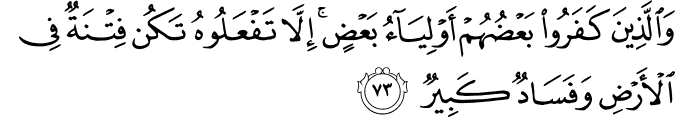 وَالَّذِينَ كَفَرُوا بَعْضُهُمْ أَوْلِيَاءُ بَعْضٍ ۚ إِلَّا تَفْعَلُوهُ تَكُن فِتْنَةٌ فِي الْأَرْضِ وَفَسَادٌ كَبِيرٌ