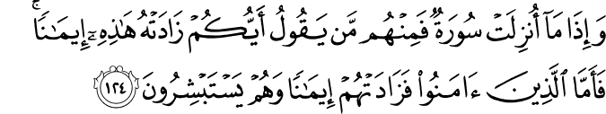 وَإِذَا مَا أُنزِلَتْ سُورَةٌ فَمِنْهُم مَّن يَقُولُ أَيُّكُمْ زَادَتْهُ هَـٰذِهِ إِيمَانًا ۚ فَأَمَّا الَّذِينَ آمَنُوا فَزَادَتْهُمْ إِيمَانًا وَهُمْ يَسْتَبْشِرُونَ