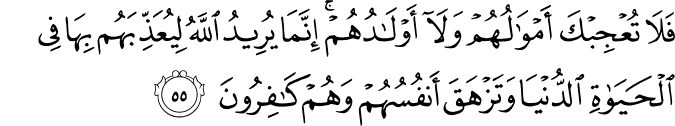 فَلَا تُعْجِبْكَ أَمْوَالُهُمْ وَلَا أَوْلَادُهُمْ ۚ إِنَّمَا يُرِيدُ اللَّهُ لِيُعَذِّبَهُم بِهَا فِي الْحَيَاةِ الدُّنْيَا وَتَزْهَقَ أَنفُسُهُمْ وَهُمْ كَافِرُونَ