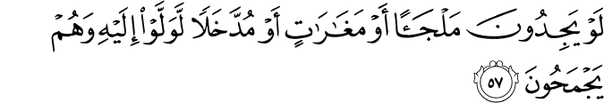 لَوْ يَجِدُونَ مَلْجَأً أَوْ مَغَارَاتٍ أَوْ مُدَّخَلًا لَّوَلَّوْا إِلَيْهِ وَهُمْ يَجْمَحُونَ