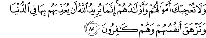 وَلَا تُعْجِبْكَ أَمْوَالُهُمْ وَأَوْلَادُهُمْ ۚ إِنَّمَا يُرِيدُ اللَّهُ أَن يُعَذِّبَهُم بِهَا فِي الدُّنْيَا وَتَزْهَقَ أَنفُسُهُمْ وَهُمْ كَافِرُونَ